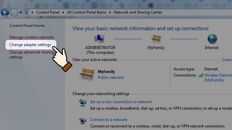 Chọn mục Change adapter settings