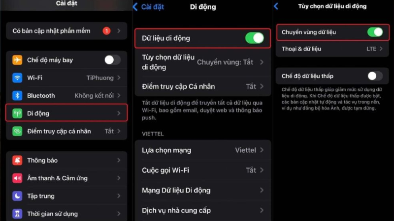 Cách bật chuyển vùng dữ liệu trên iPhone