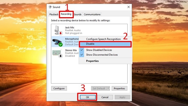 Nếu muốn tắt mic? Làm tương tự nhưng chọn mục Disable