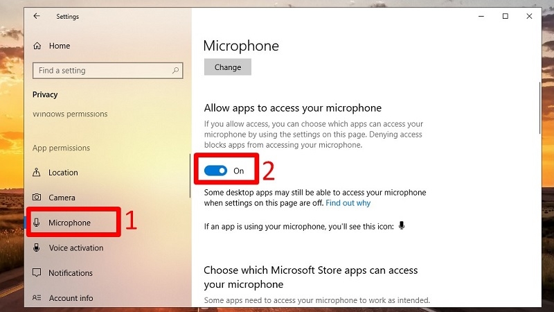 Bật công tắc Allow apps to access your microphone trong Privacy Microphone