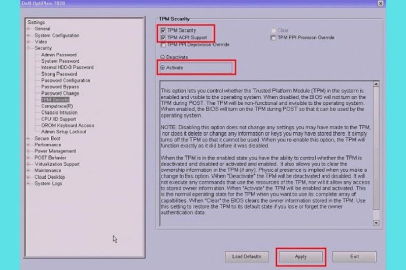 Thiết lập trạng thái TPM thành Activate