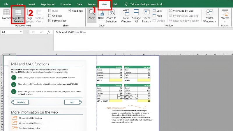 Thẻ View trong Excel với nút Page Break Preview được khoanh đỏ