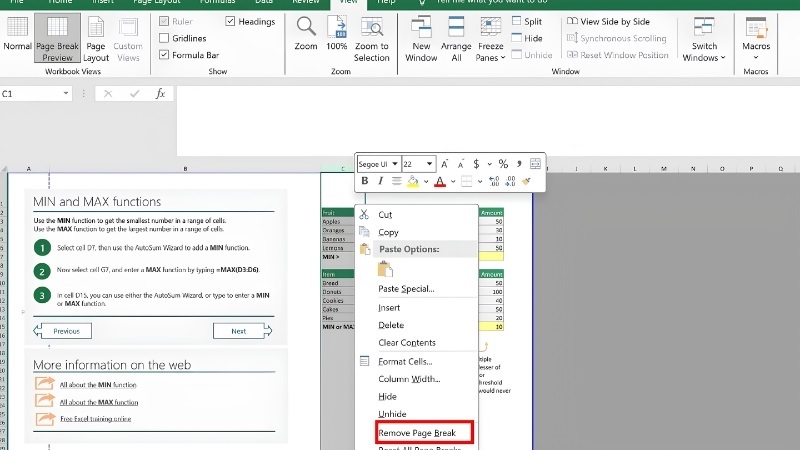 Menu chuột phải trên hàng Excel với lệnh Remove Page Break
