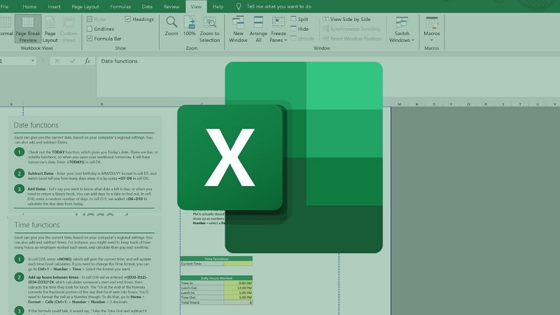 Bảng tính Excel có đường ngắt trang màu xanh chia dữ liệu thành nhiều trang khi in