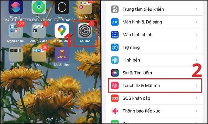 Chọn vào mục Touch ID và mật khẩu