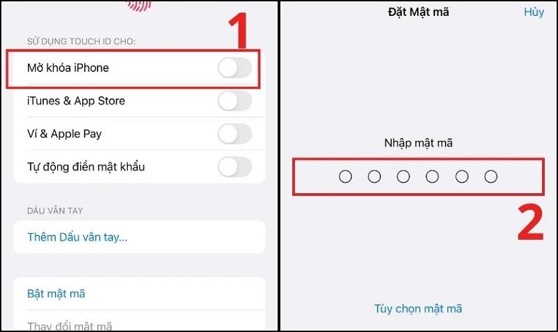 Chọn vào mục Bật mật mã