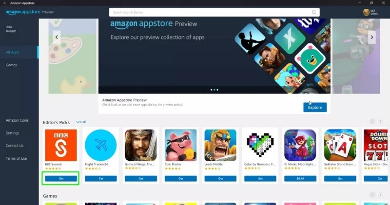 Màn hình Amazon Appstore sẽ xuất hiện danh sách ứng dụng