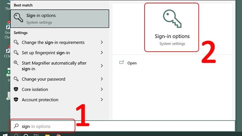 Ô tìm kiếm Windows 10 với từ khóa Sign-in options Ô tìm kiếm Windows 10 với từ khóa Sign-in options