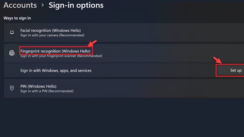 Nút Set up ở mục PIN trên Windows 11 Nút Set up ở mục PIN trên Windows 11