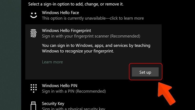 Nút Set up trong mục Windows Hello Fingerprint trên Windows 10 Nút Set up trong mục Windows Hello Fingerprint trên Windows 10