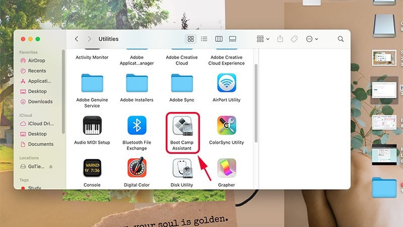 Chọn vào mục Boot Camp Assistant > Nhấn nút Continue