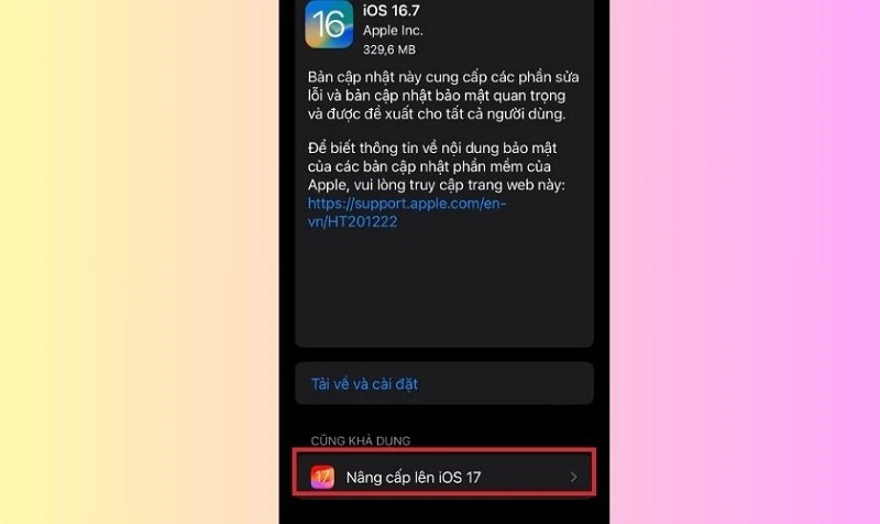 Chọn vào mục Nâng cấp iOS 17