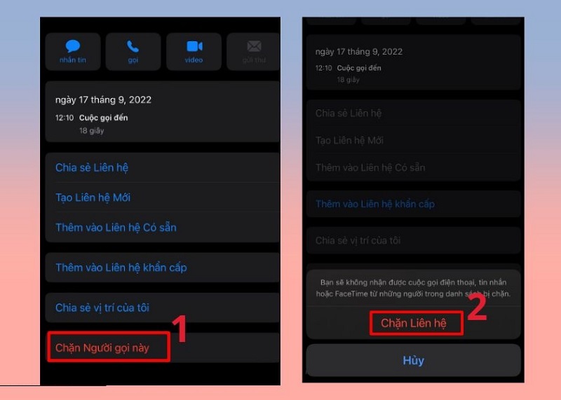 Chọn mục Chặn Liên hệ