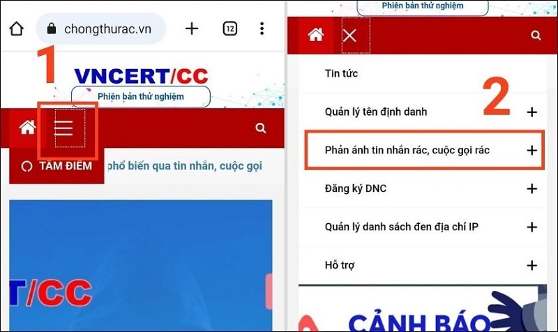 Chọn vào mục Phản ánh tin nhắn rác cuộc gọi rác