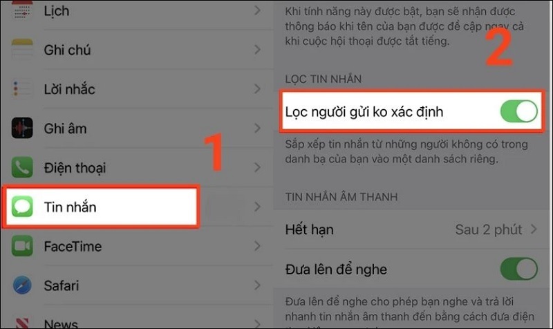 Kích hoạt tính năng Lọc người gửi ko xác định