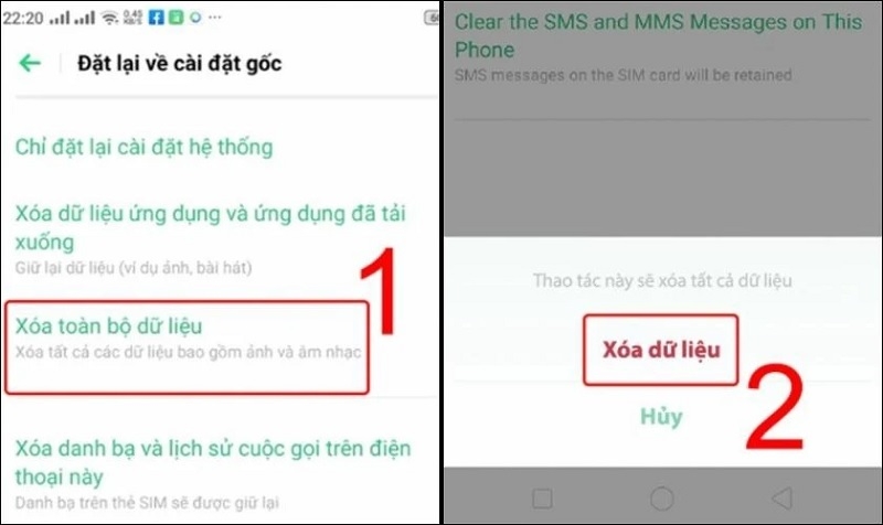 Nhấn vào mục Xóa dữ liệu