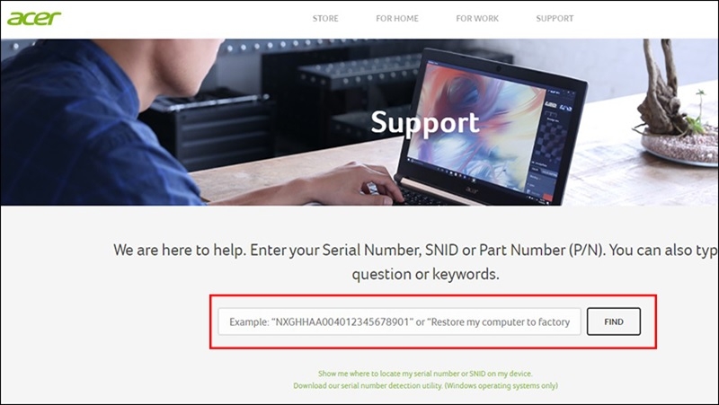 Nhập Serial Number vào ô tra cứu trên trang web Acer