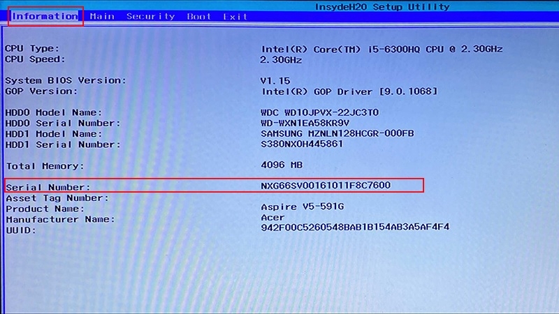 Kiểm tra trong BIOS để check bảo hành laptop Acer