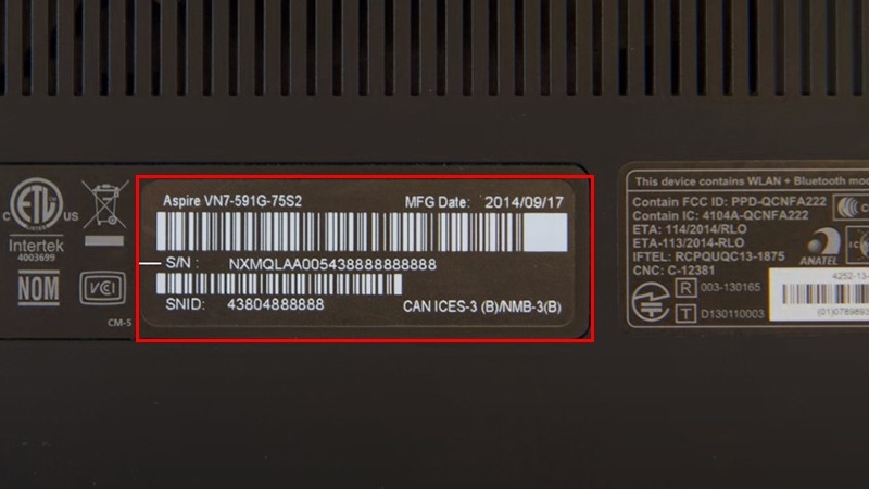 Vị trí tem Serial Number ở mặt đáy laptop Acer