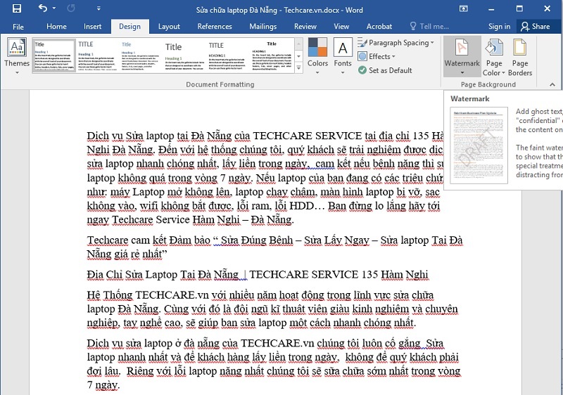 Chọn Design và Watermark