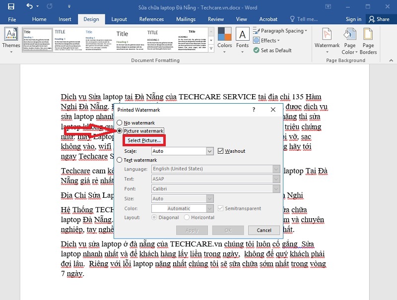 Click chọn “Picture watermark”