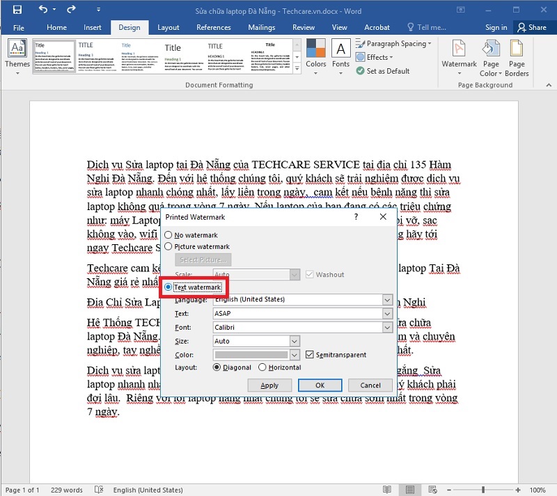 Tick chọn Text watermark sau đó bạn gõ dòng chữ muốn chèn