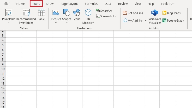 Bước 1 chèn video vào Excel - chọn ô trống rồi bấm thẻ Insert Bước 1 chèn video vào Excel - chọn ô trống rồi bấm thẻ Insert