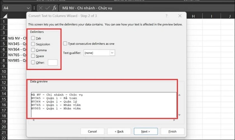 Lựa chọn những điều kiện thuộc Delimiters