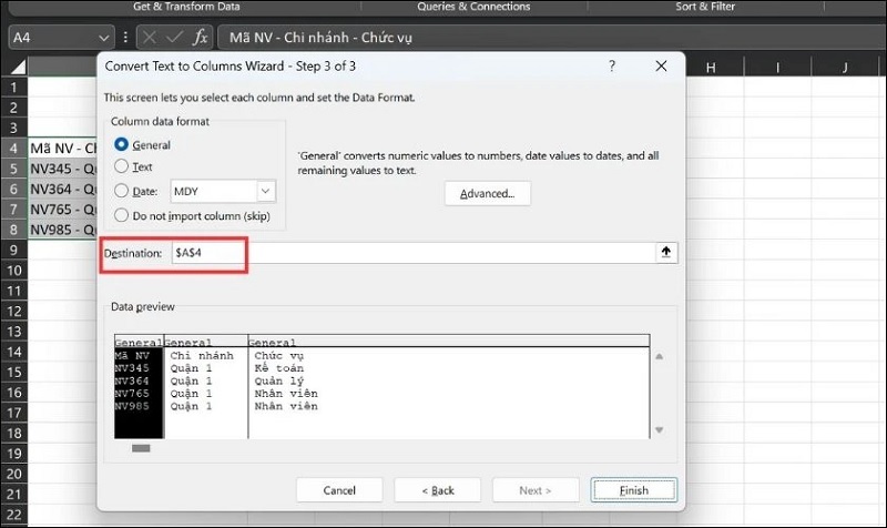 Chọn định dạng cho cột dữ liệu