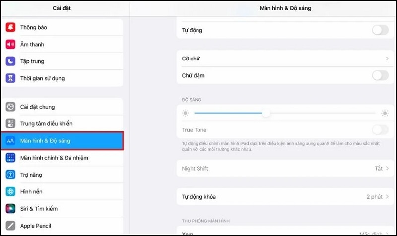 Chọn vào mục Màn hình & độ sáng