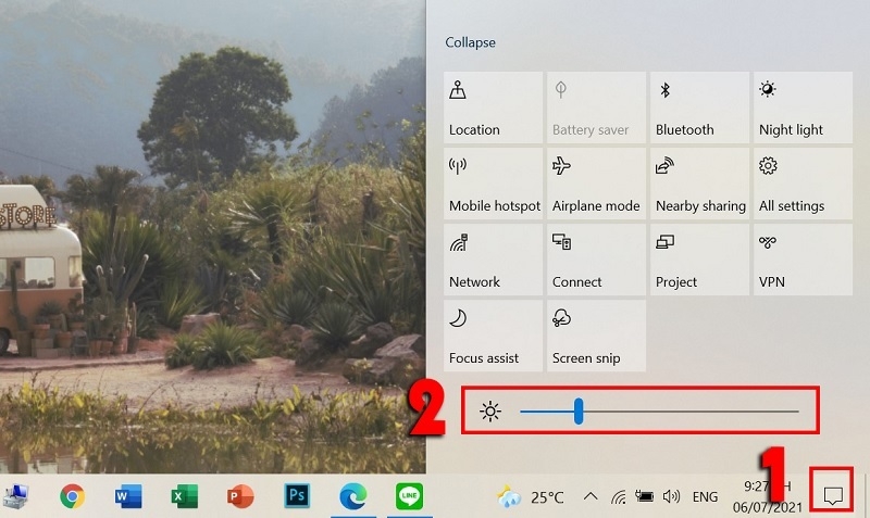 Chỉnh độ sáng màn hình máy tính tại Action Center
