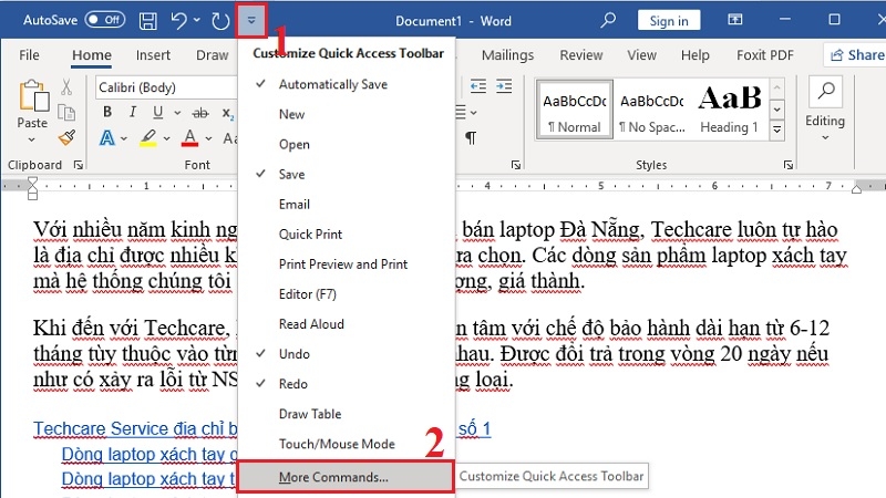 Bấm mũi tên Customize Quick Access Toolbar chọn More Commands trong Word Bấm mũi tên Customize Quick Access Toolbar chọn More Commands trong Word