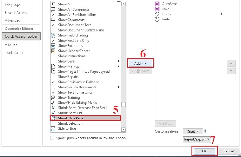 Thêm lệnh Shrink One Page vào Quick Access Toolbar trong Word Options Thêm lệnh Shrink One Page vào Quick Access Toolbar trong Word Options