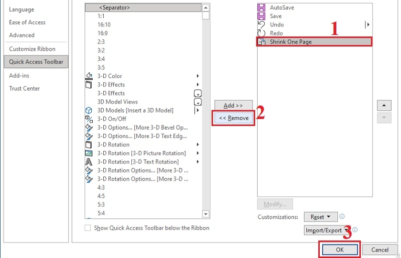 Chọn vào nút Shrink One Page ở khung bên phải rồi sau đó bấm Remove Chọn vào nút Shrink One Page ở khung bên phải rồi sau đó bấm Remove