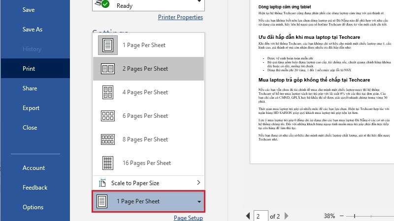 Chọn 2 Pages Per Sheet khi in để gộp 2 trang Word thành 1 tờ giấy Chọn 2 Pages Per Sheet khi in để gộp 2 trang Word thành 1 tờ giấy