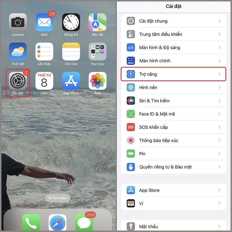 Chọn mục Trợ năng