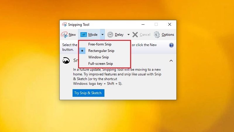 Giao diện Snipping Tool với các chế độ chụp khác nhau