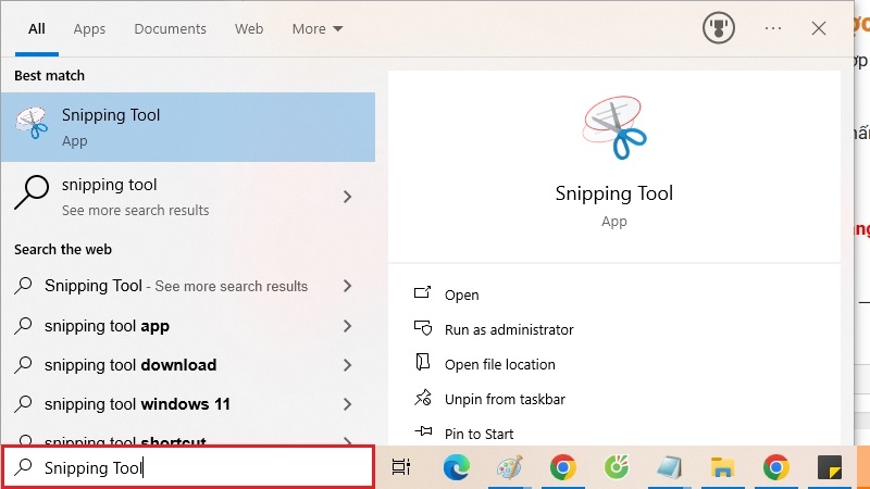 Gõ chữ Snipping Tool trên thanh tìm kiếm rồi nhấn Enter để mở