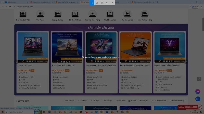 Chụp một vùng màn hình tuỳ chọn bằng Windows + Shift + S bước 2 Chụp một vùng màn hình tuỳ chọn bằng Windows + Shift + S bước 2