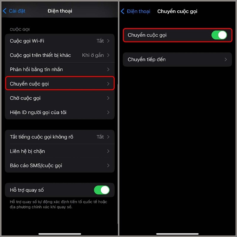 Gạt thanh trượt sang bên phải để chế độ chuyển cuộc gọi trên iPhone được kích hoạt