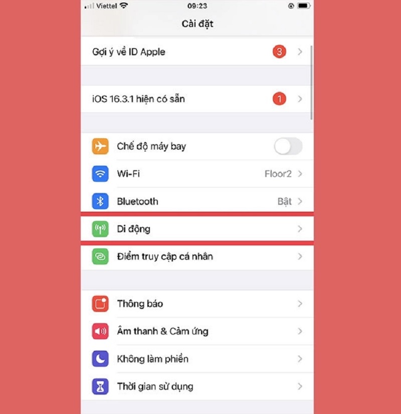 Chọn vào mục Di động