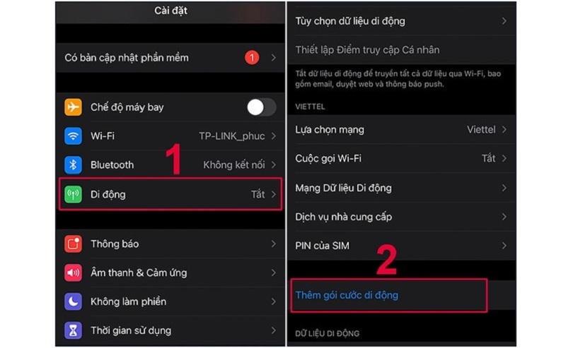 Chọn mục Thêm gói cước di động