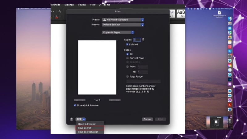 Nút PDF ở góc dưới hộp thoại in trên macOS với tùy chọn Save as PDF Nút PDF ở góc dưới hộp thoại in trên macOS với tùy chọn Save as PDF