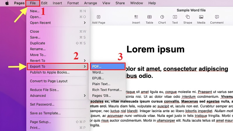 Ứng dụng Pages với tùy chọn Export To > PDF Ứng dụng Pages với tùy chọn Export To > PDF
