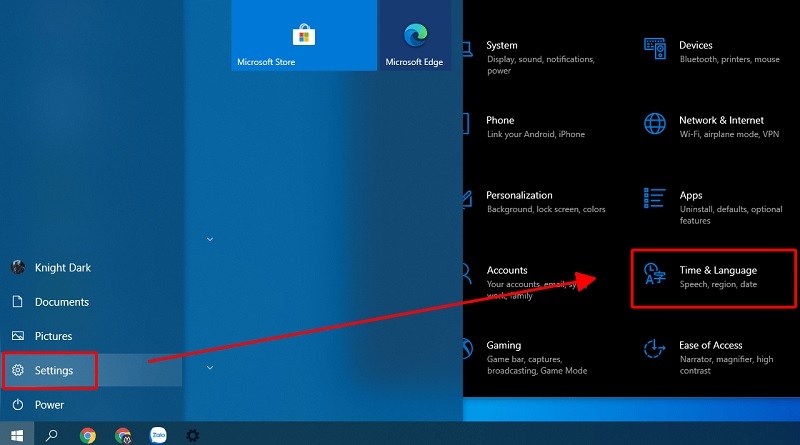 Màn hình Windows với nút Start và biểu tượng Settings được khoanh đỏ Màn hình Windows với nút Start và biểu tượng Settings được khoanh đỏ