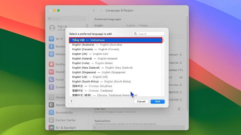 Chọn Tiếng Việt để thêm vào macOS Chọn Tiếng Việt để thêm vào macOS