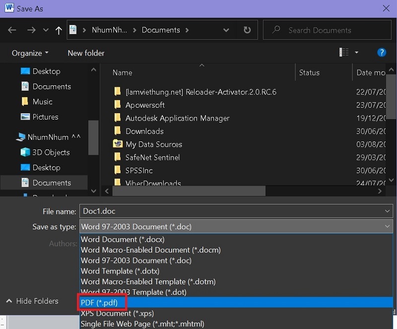 Chọn PDF rồi nhấn nút Save
