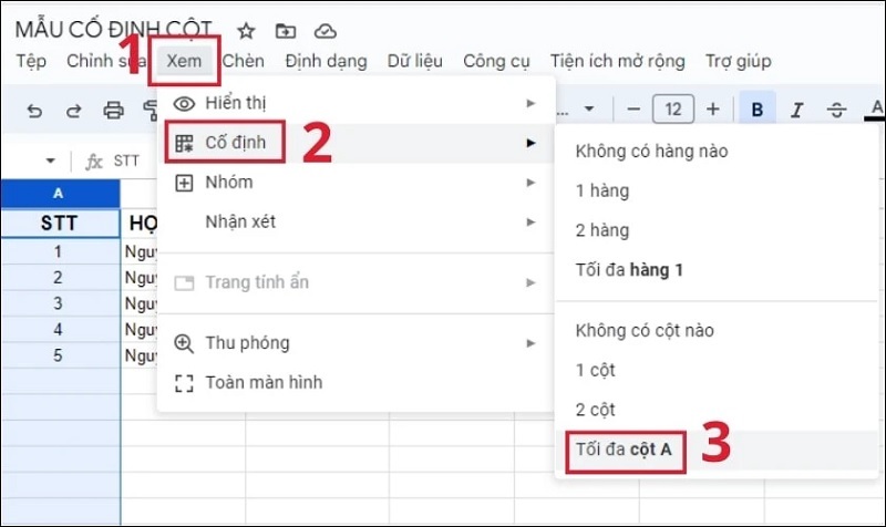 Chọn vào mục Tối đa cột A