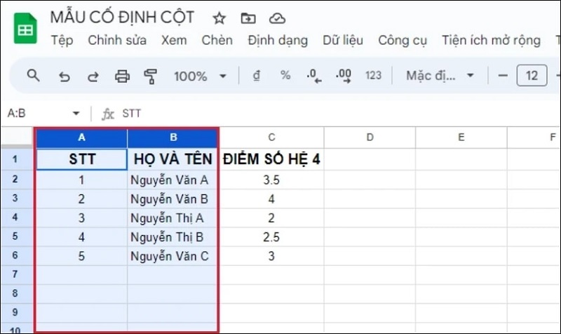 Mở bảng tính muốn cố định nhiều cột lên