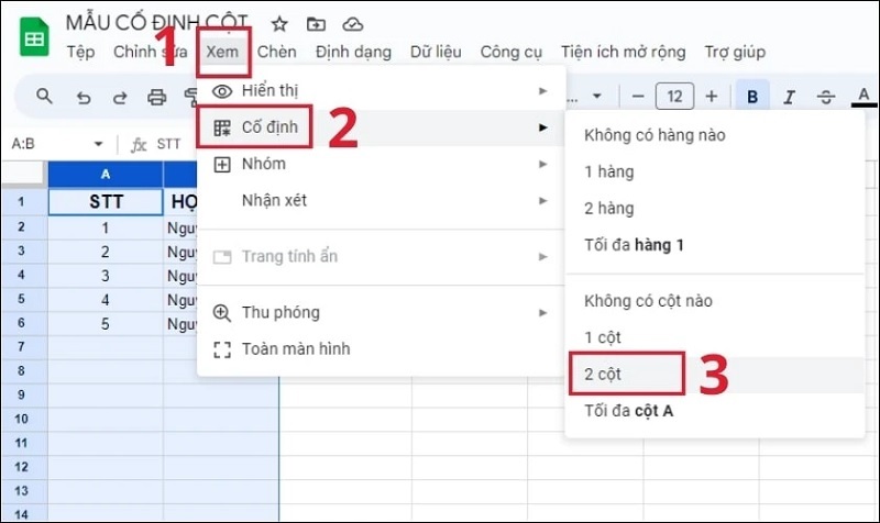 Chọn 2 cột ở menu mới hiển thị